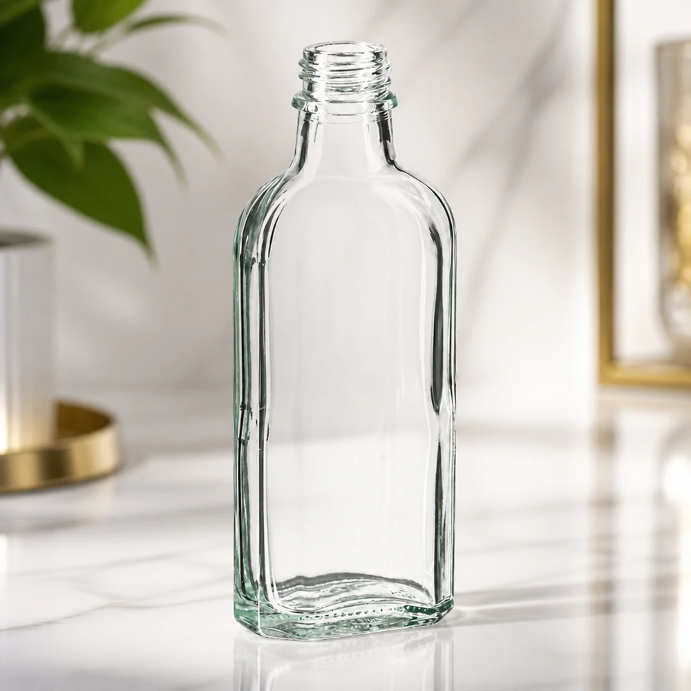 Compacte fles van 100 ml, helder, rechthoekige vorm, DIN22-schroefdraad, voor etherische oliën