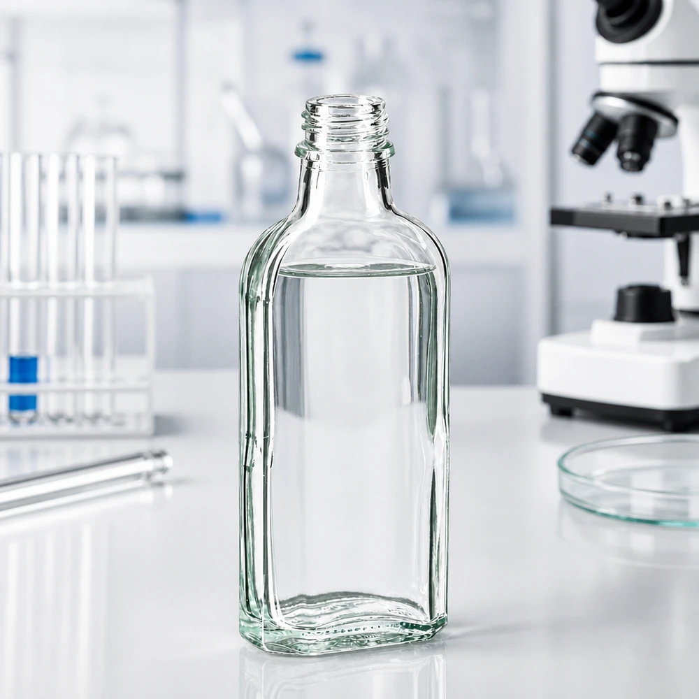 100 ml witte meplatfles met DIN 22 monding Kleine, doorzichtige Meplat-fles van 100 ml met een kenmerkende hoekige glasvorm