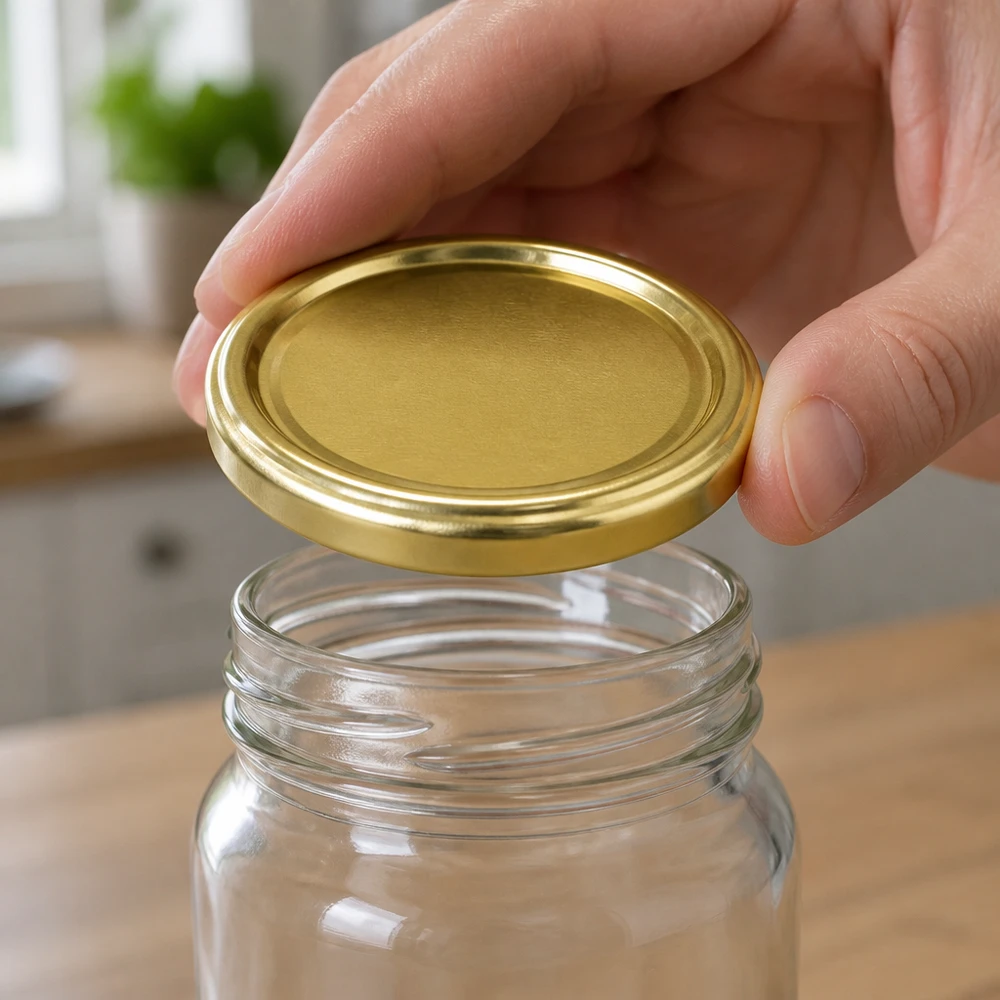 UNiTWIST TO43 goud, BioSeal, BPA-NI, unitemp Close-up van een gouden TO43-deksel UNiTWIST BioSeal BPA-NI unitemp boven een geopende voorraadpot