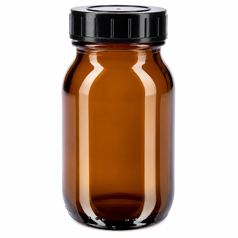 Fles met wijde hals 100 ml bruin glas met schroefdeksel 100 ml fles met wijde hals van amberkleurig glas met zwarte schroefdop voor veilig bewaren