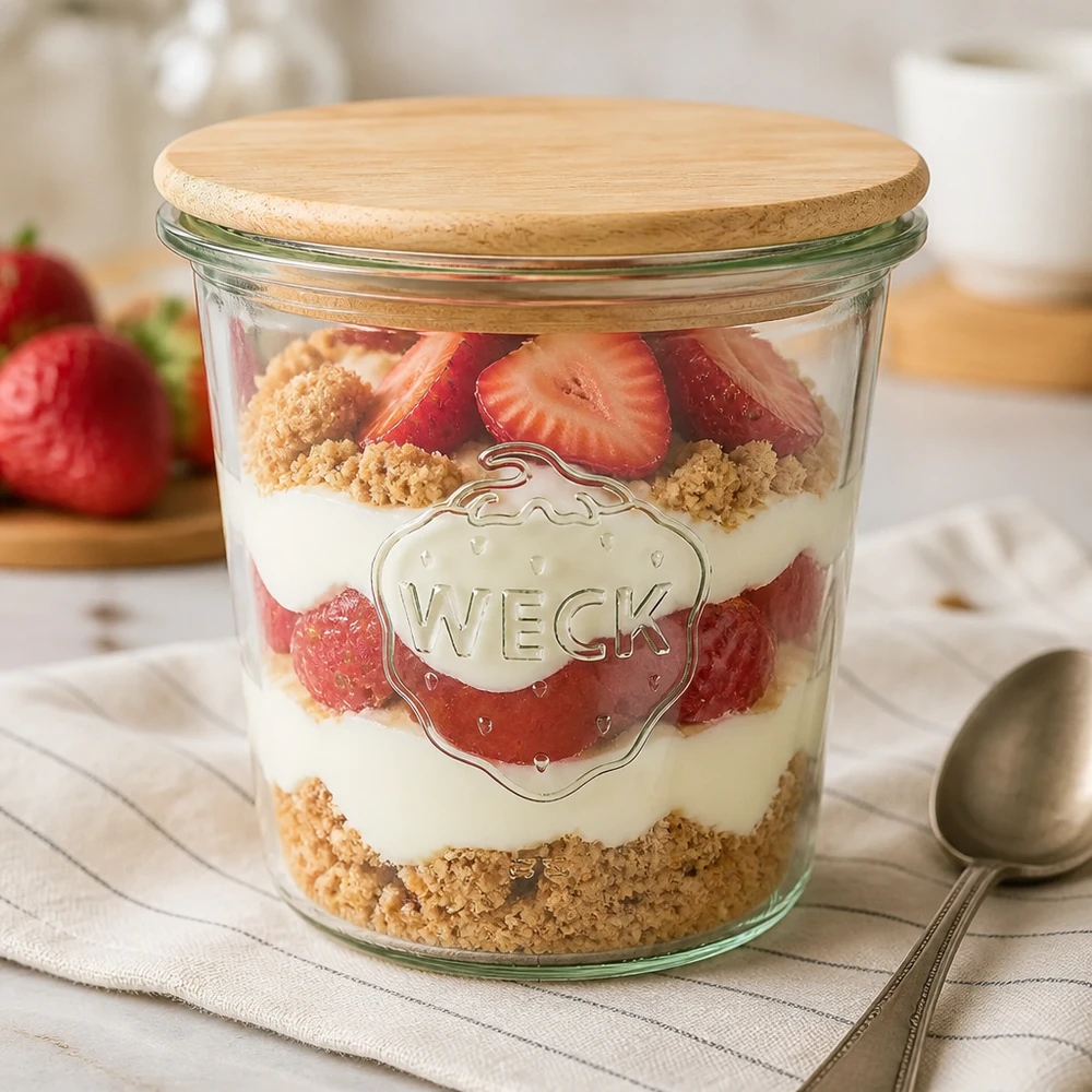 580ml stortglas WECK RR100 met hout deksel WECK bekers van 580 ml als dessertschaal met aardbeien en koekkruimels, houten deksel gesloten op keukentafel
