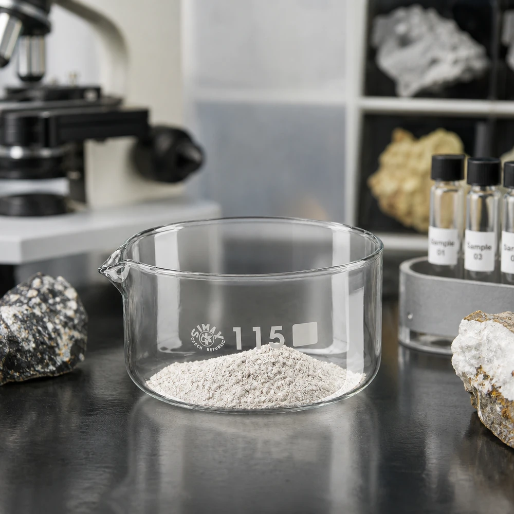 Kristalliseerschaal 500ml met schenktuit Doorzichtige glazen schaal van 500 ml met schenktuit voor gesteenteanalyse in het laboratorium, naast monsterflesjes