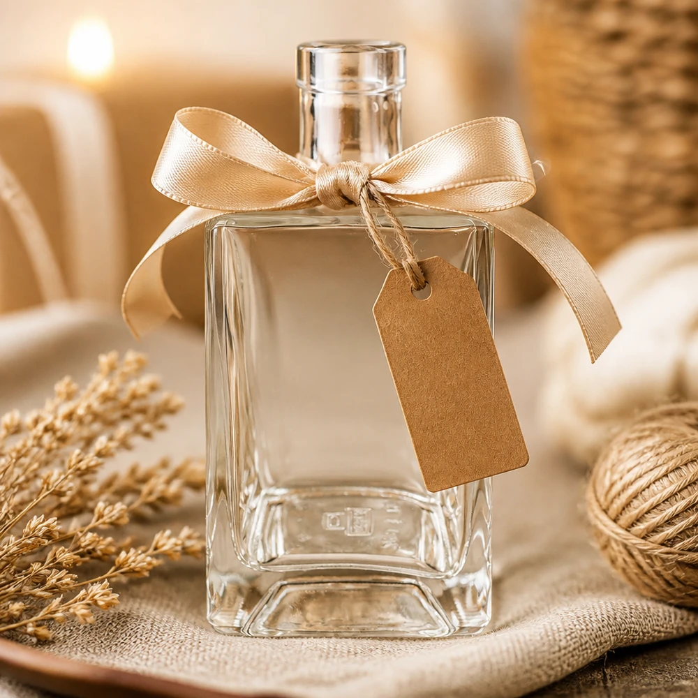 700 ml glazen fles Ben zonder sluiting UNiTWIST® 700 ml glazen fles Ben decoratief opgemaakt met een gouden strik en cadeaulabel als cadeau-idee