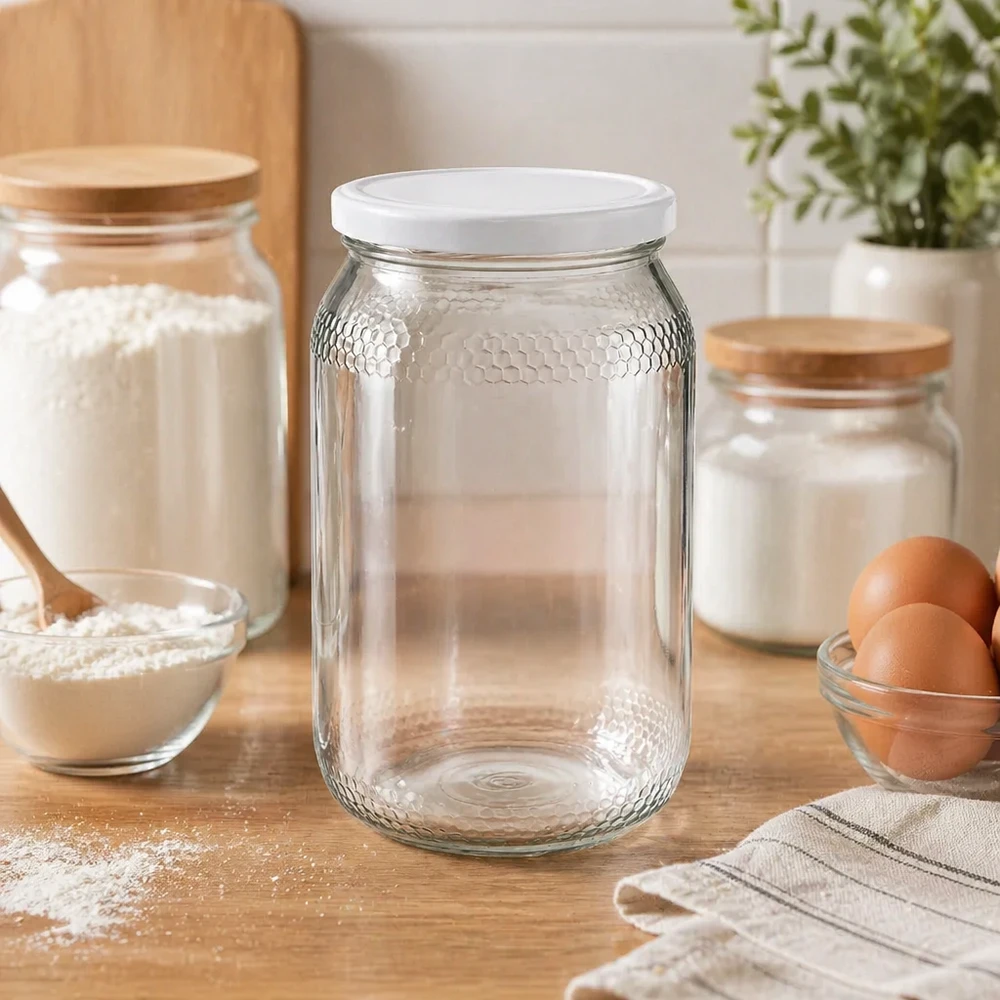 Honingpot 900ml leeg in keukensfeer met bakingrediënten bloem eieren toont praktische opslag BasicSeal deksel