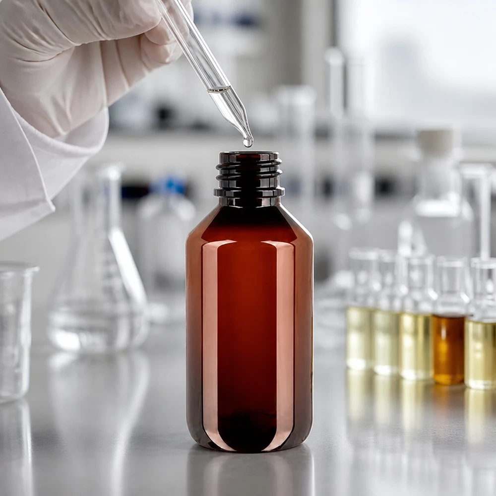 50 ml PET medicijnfles met verstuiver zwart GCMI 28/410 incl. dop transparant, standaard Het druppelsgewijs vullen van een bruine PET-fles van 200 ml met UV-bescherming in het laboratorium