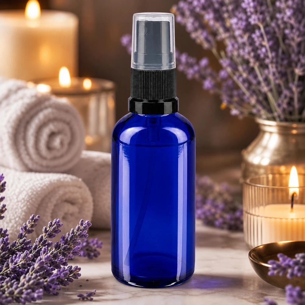 Kleine blauwe spuitfles van apothekersglas, 50 ml, ideaal voor hydrolaten en kamersprays