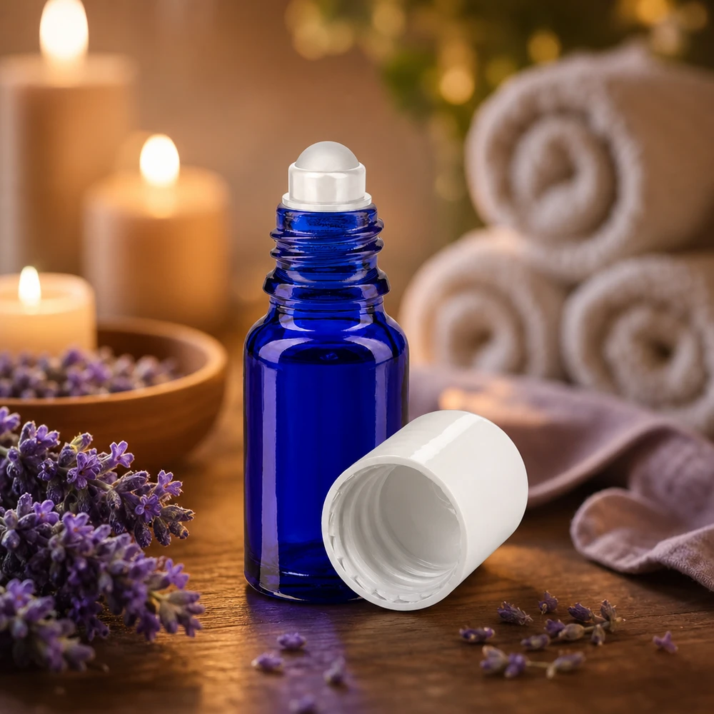 Kleine blauwe glazen fles van 10 ml met roll-on voor etherische oliën op een houten tafel