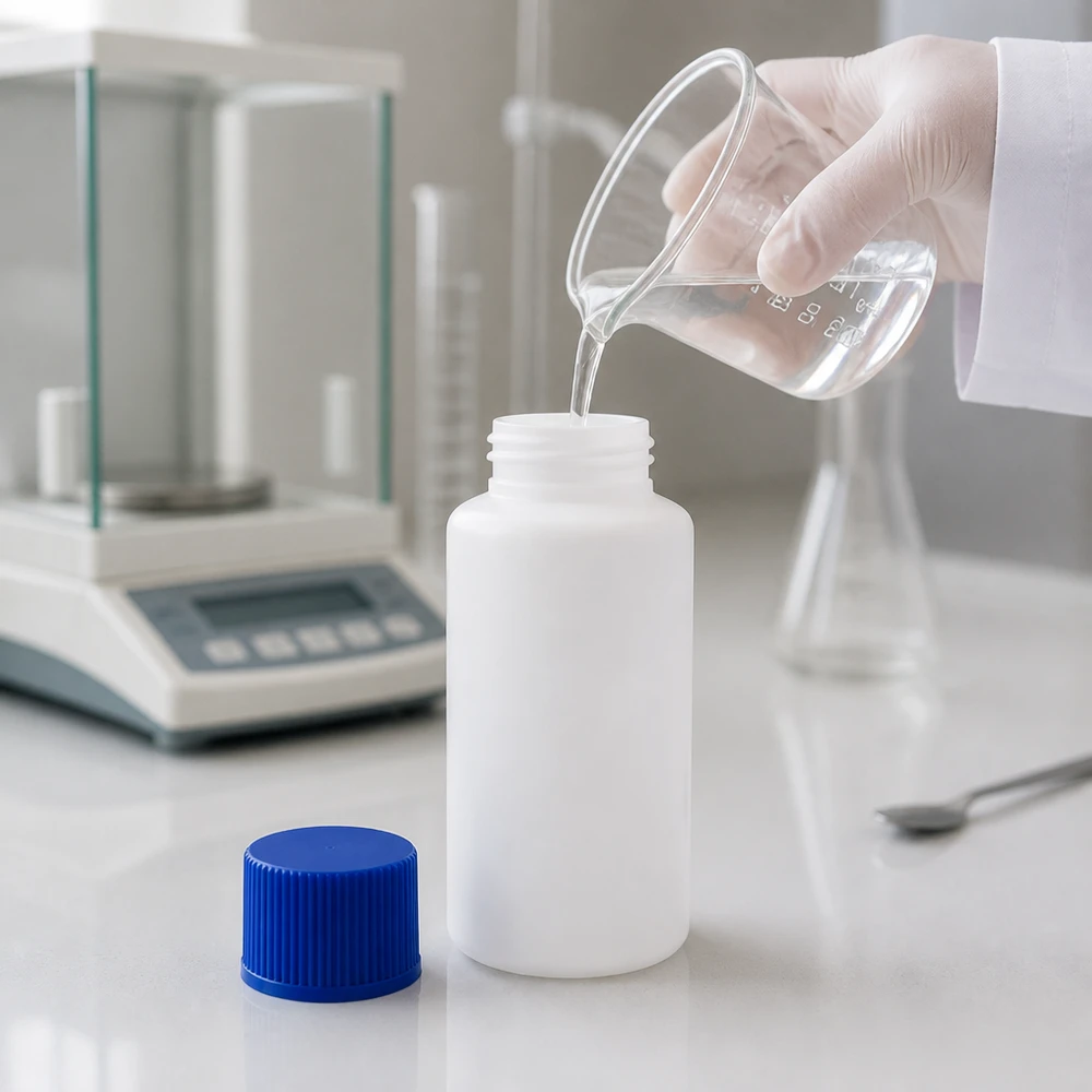Chemisch bestendige HDPE-apotheekfles van 30 ml in wit met blauw SV-logo, wordt gevuld met een oplossing
