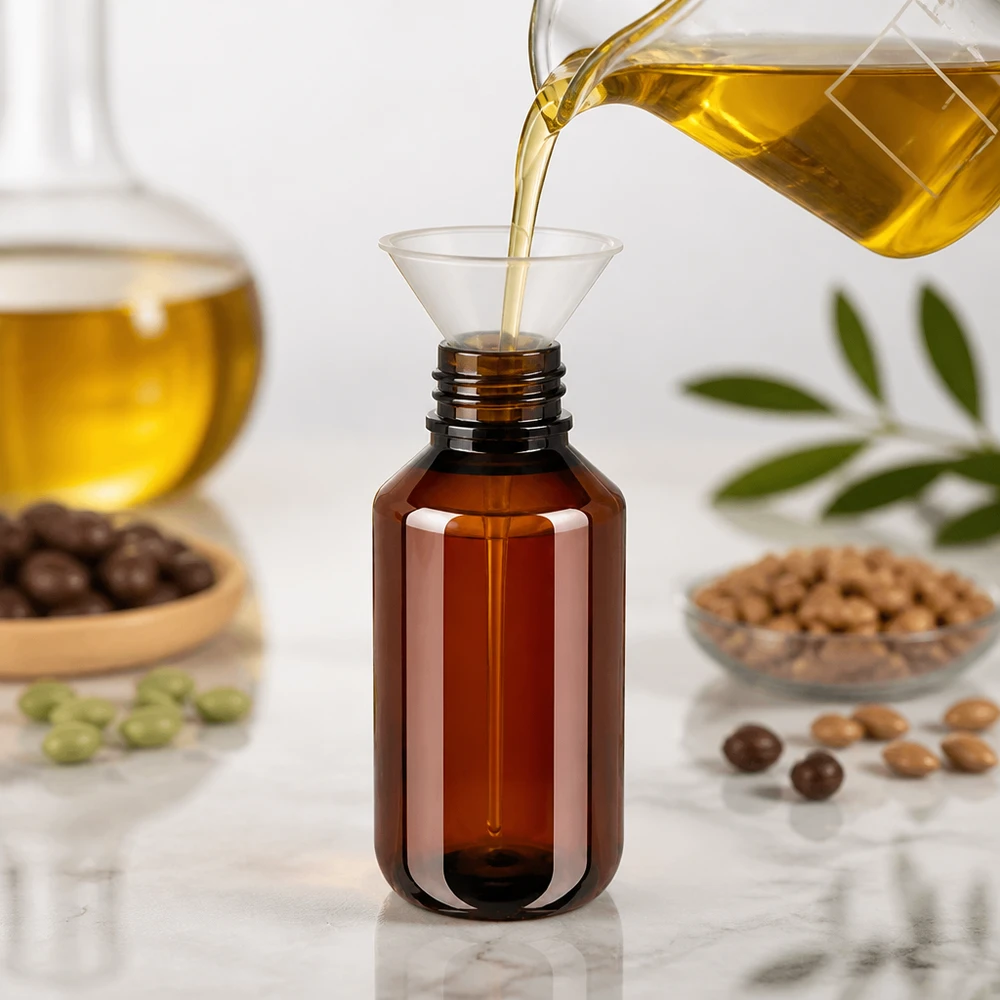 Hersluitbare PET-fles van 100 ml, bruin, met veiligheidssluiting voor plantaardige oliën