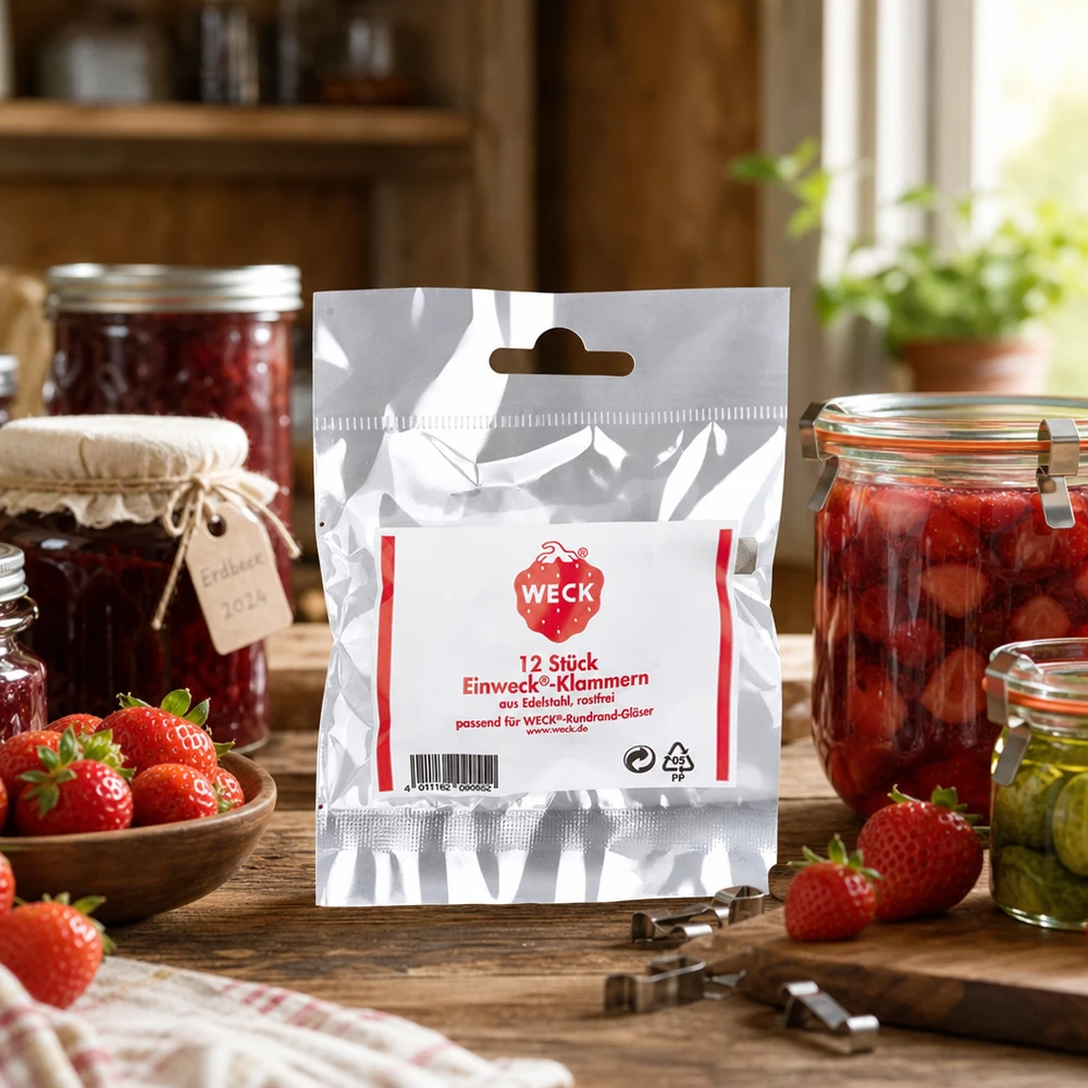 WECK klemmen verpakkingen in rustieke keuken met inmaakpotten aardbeien en jam Toepassingsvoorbeeld