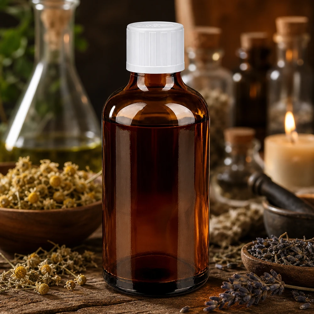 Medicijnflesje van 50 ml van bruin glas met een witte veiligheidsdop, in een natuurlijke kruidenomgeving