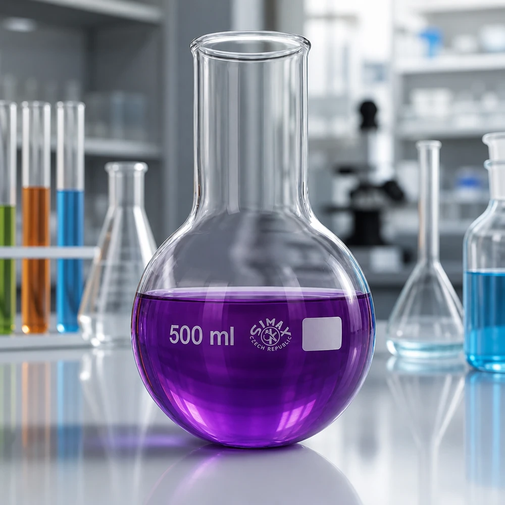 Rondbodemkolf, wijde hals 500ml gemaakt van robuust glas voor het veilig hanteren van chemicaliën