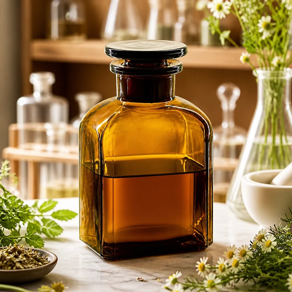 Antieke bruine glazen fles van 150 ml met glazen stop in apothekersstijl voor kruidentincturen en geneeskrachtige planten