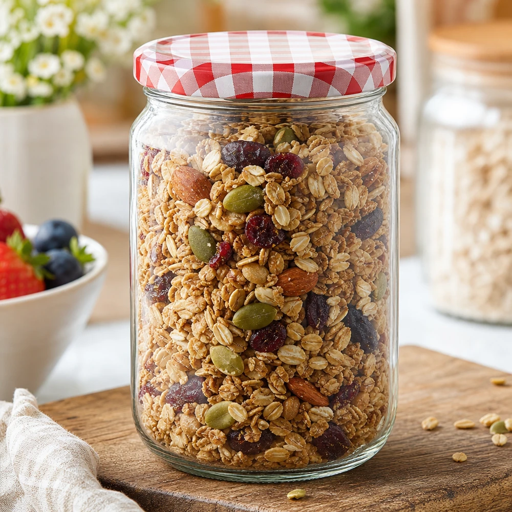 795 ml ronde pot met BasicSeal deksel gevuld met muesli en gedroogd fruit, ideaal voor het bewaren van voedsel in de keuken