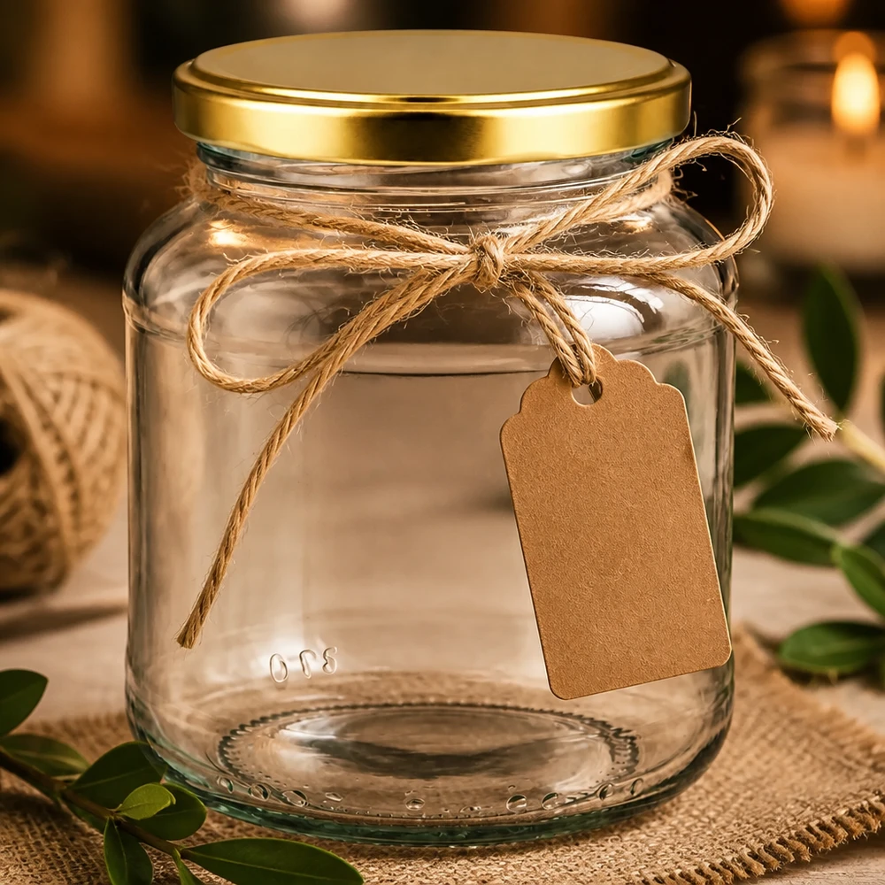 370ml ovaal glas met BasicSeal deksel goud UNiTWIST 370ml ovale pot BasicSeal deksel goud UNiTWIST leeg met jute koord cadeaulabel rustieke decoratie