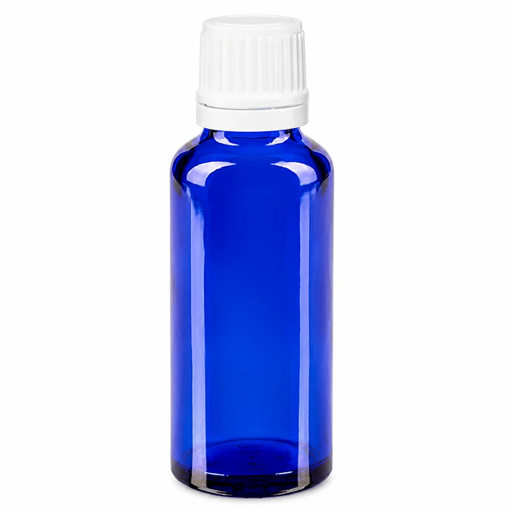 Blauwe glazen flessen 30ml met wit druppelsluiting 1.2mm VR Blauw apotheekglas 30 ml met druppelaar 0,7 mm en witte originaliteitssluiting OV