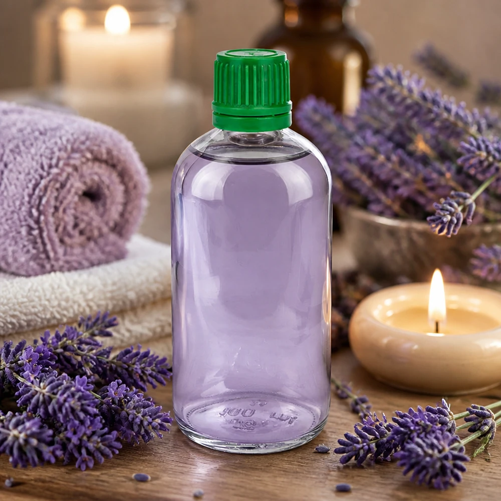 Lavendel-aromatherapieolie in een doorzichtige glazen fles van 100 ml (ClearLine UT18) met groene kindveilige sluiting