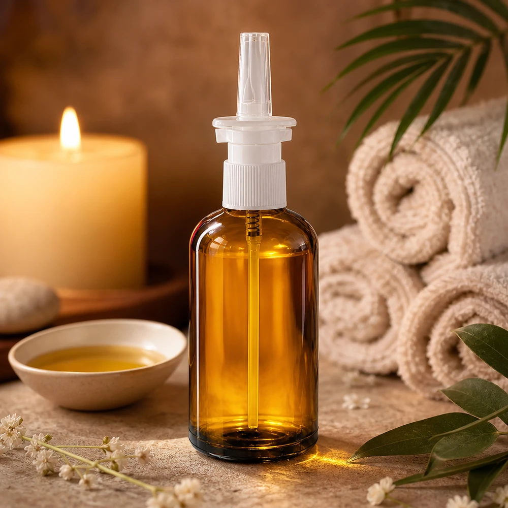 Compacte 100ml BrownLine neussprayfles van UV-beschermend glas met hygiënisch sproeisysteem