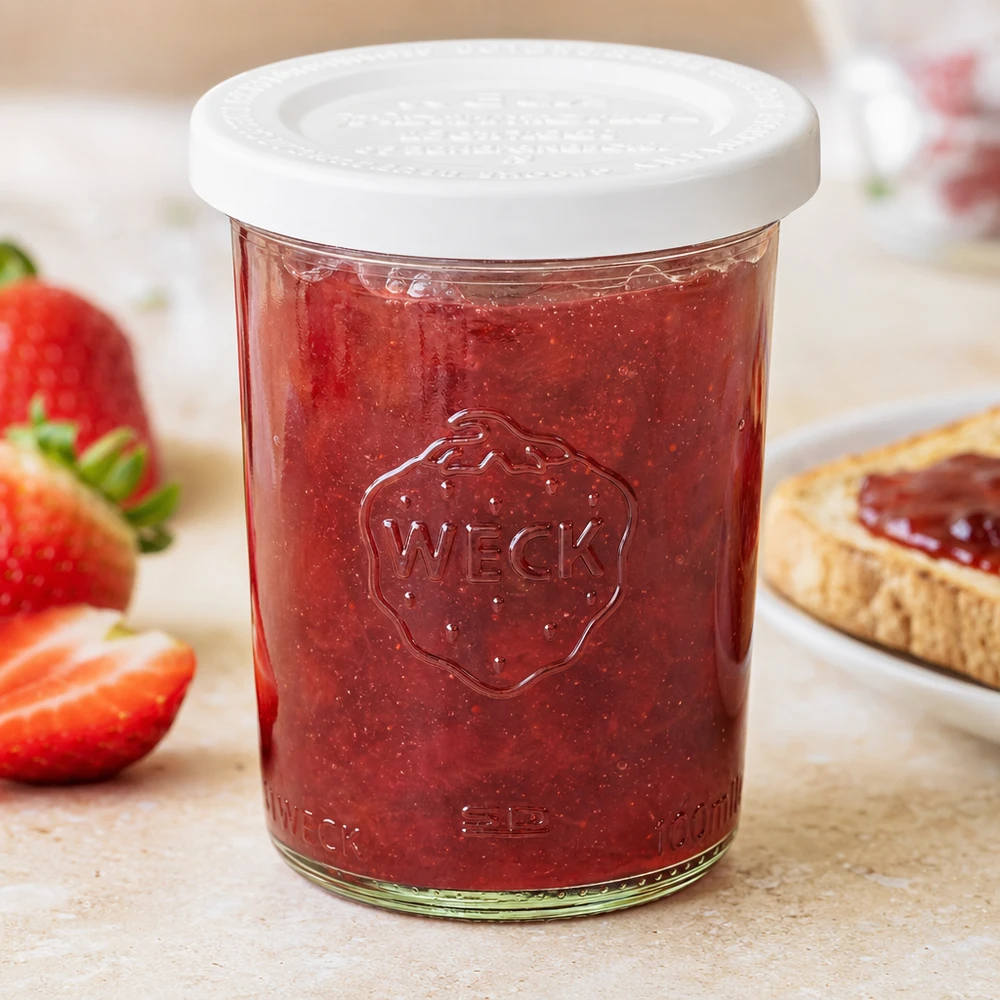 WECK RR60-pot van 160 ml met vershouddeksel WECK inmaakpot 160ml met aardbeienjam en wit vershouddeksel, naast verse aardbeien en brood met jam