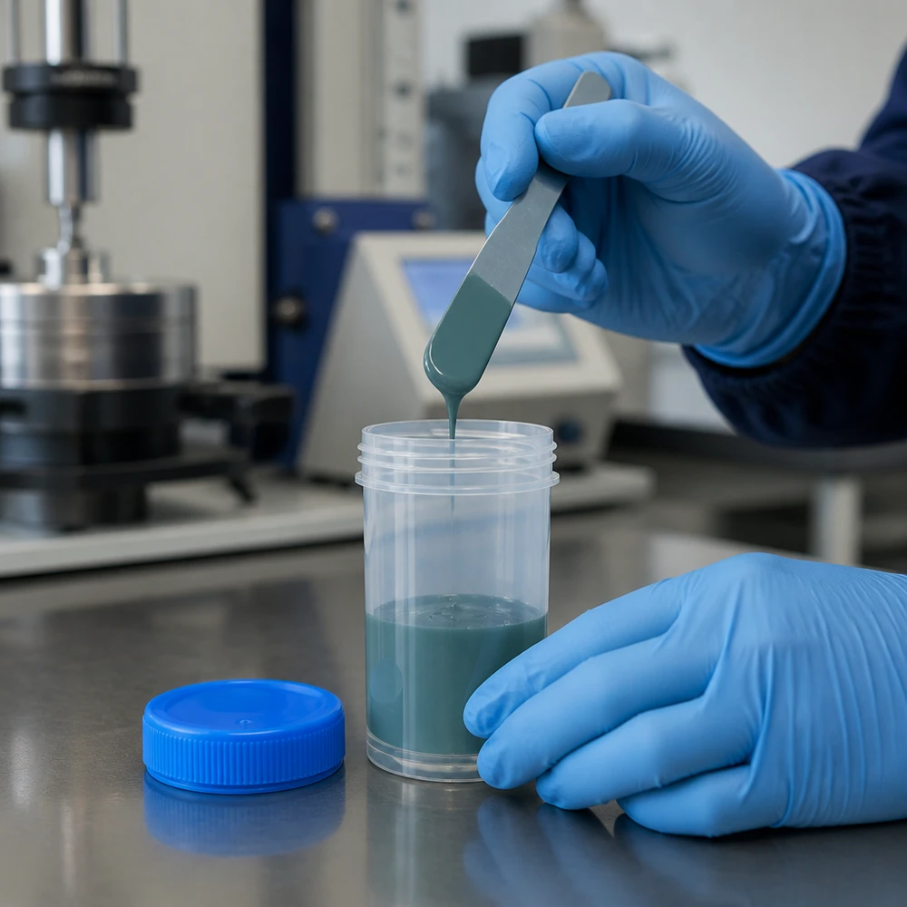 Een 50 ml-bus met brede opening van doorzichtig kunststof wordt in het analyselaboratorium gevuld met viskeus materiaal