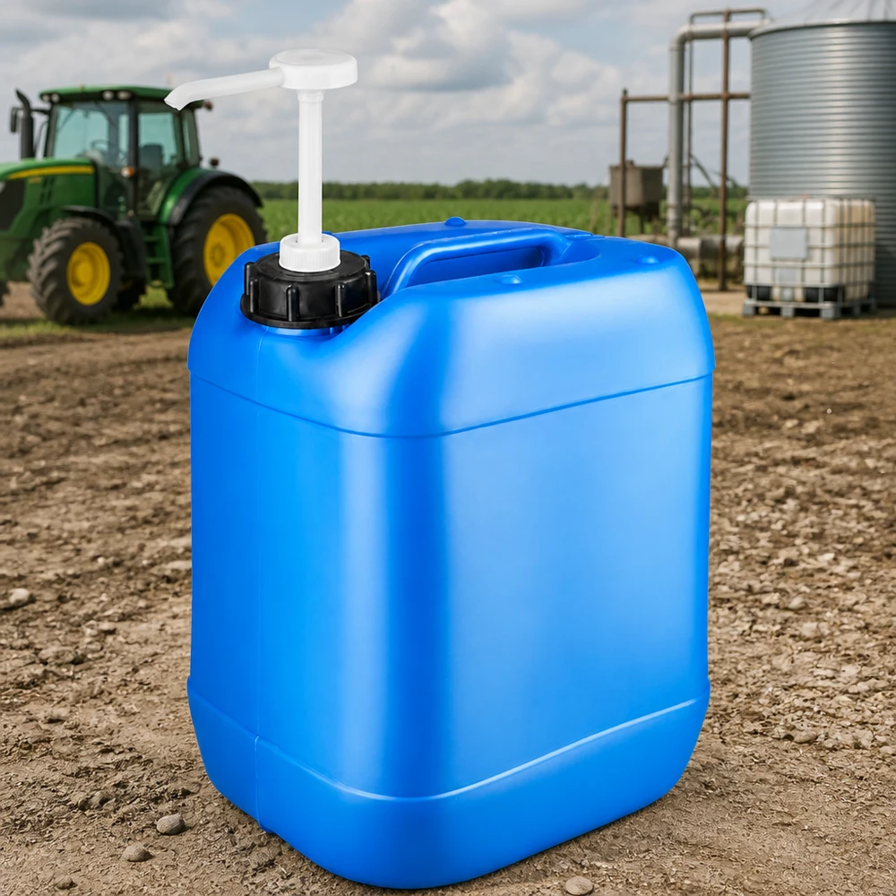 Blauwe veldjerrycan van 20 liter met afzuigpomp voor een nauwkeurige dosering van gewasbeschermingsmiddelen