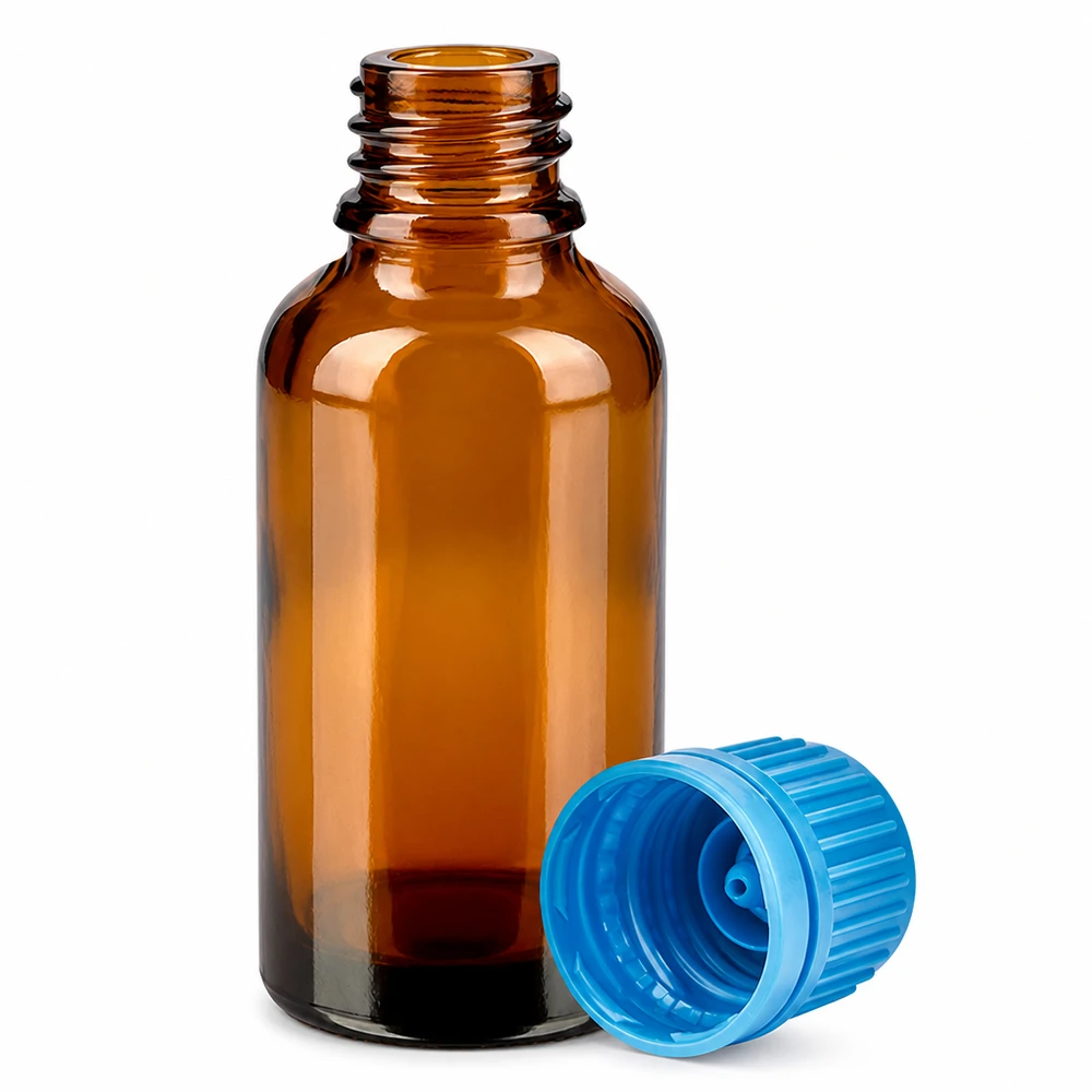 30ml flacon 11mm SV blauw OV BrownLine UT18/30 Hoogwaardige glazen fles van 30 ml in amberkleur met stevig blauw dopsysteem