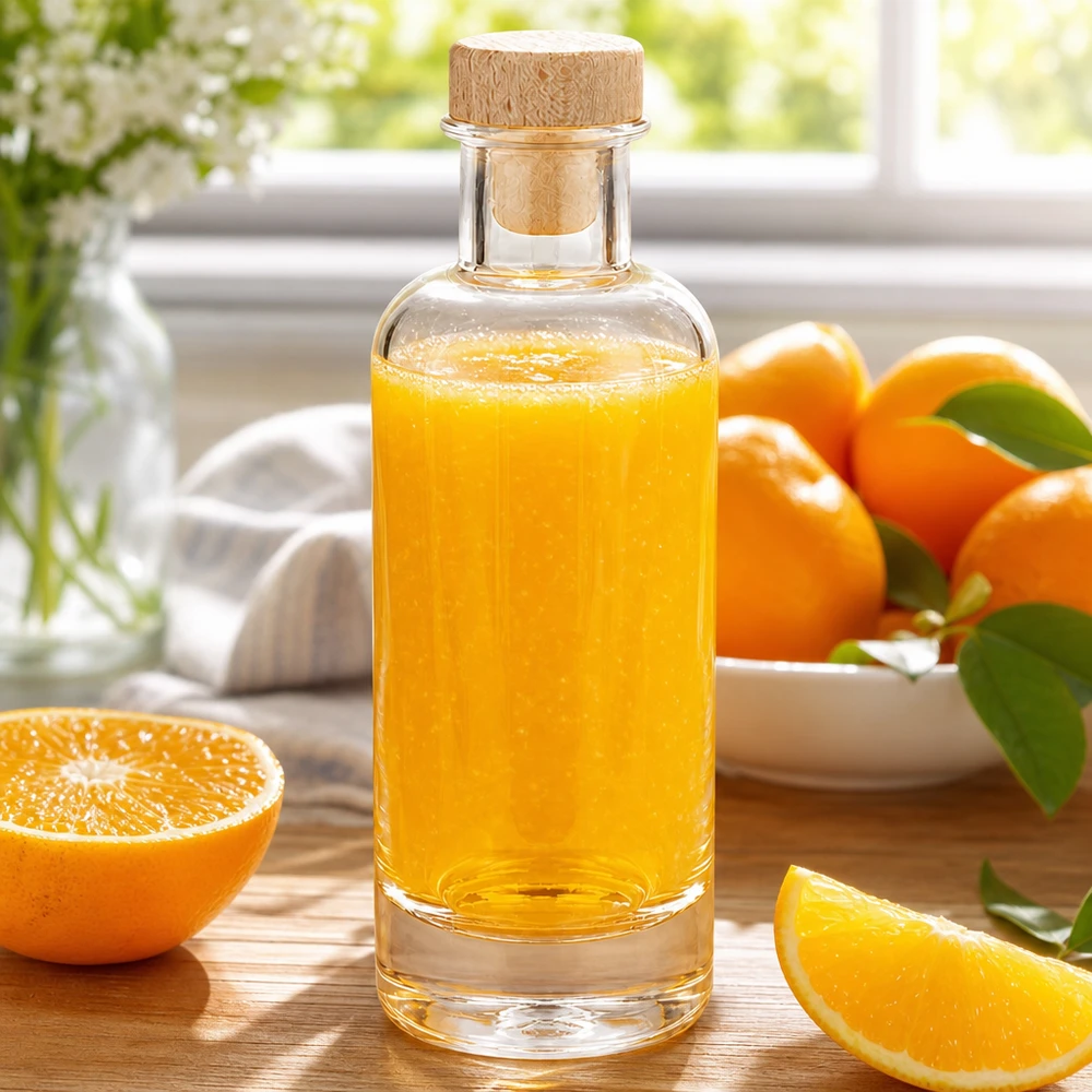 200 ml glazen fles Ella met houten handgreepkurk UNiTWIST® 200 ml glazen fles Ella met houten kurk gevuld met sinaasappelsap naast gesneden sinaasappels op een houten plank