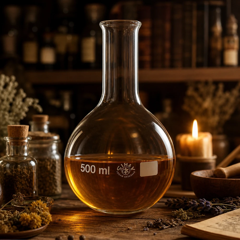 500 ml kolf met amberkleurige vloeistof in een traditionele alchemie-instelling