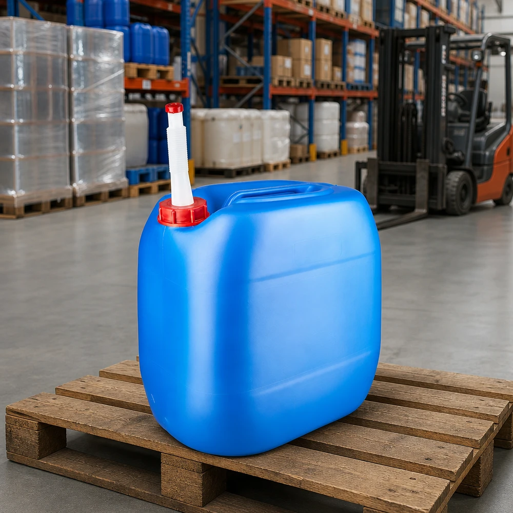 Kunststof jerrycan van 30 liter in blauw met een witte uitloopbuis voor chemicaliën en bedrijfsmiddelen