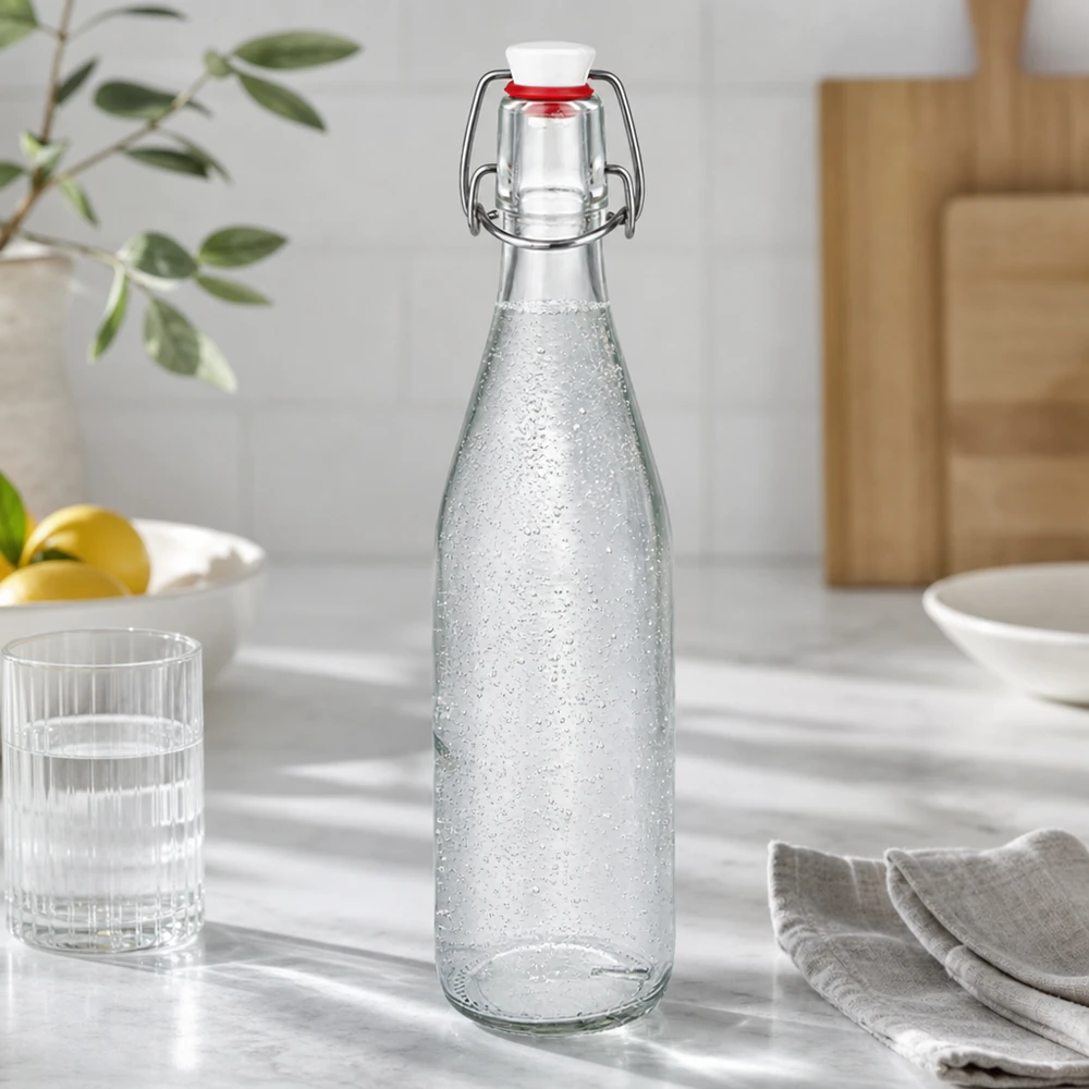 Glazen fles van 500 ml + porseleinen slingerdop UN... Glazen fles van 500 ml met draaidop gevuld met bruisend water in moderne keuken naast glas en bestek