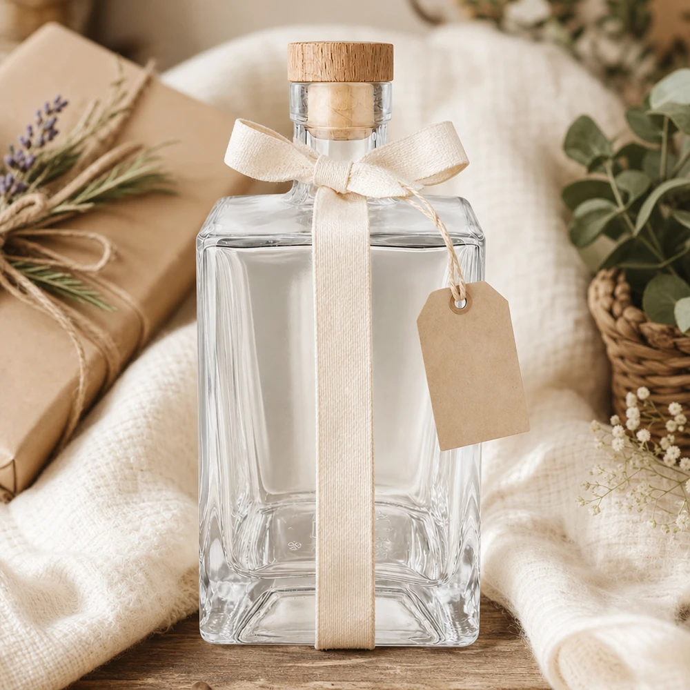 700 ml glazen fles Ben met houten kurk UNiTWIST® 700ml glazen fles Ben als geschenk versierd met crèmekleurig lint hanger natuurlijke verpakking houten kurk UNiTWIST