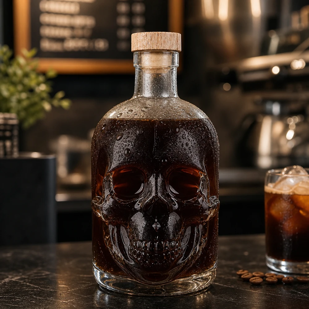 500 ml glazen fles Jack met houten kurk UNiTWIST® Jack glazen fles 500ml met donkere inhoud in moderne keuken, schedelreliëf met waterdruppels en cocktailglas