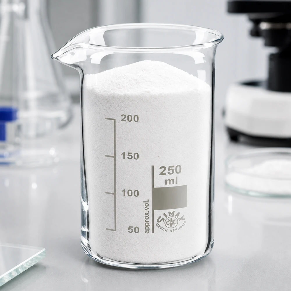 Wit poeder in een 250 ml laboratoriumbeker met hoge vorm, gemaakt van hittebestendig borosilicaatglas