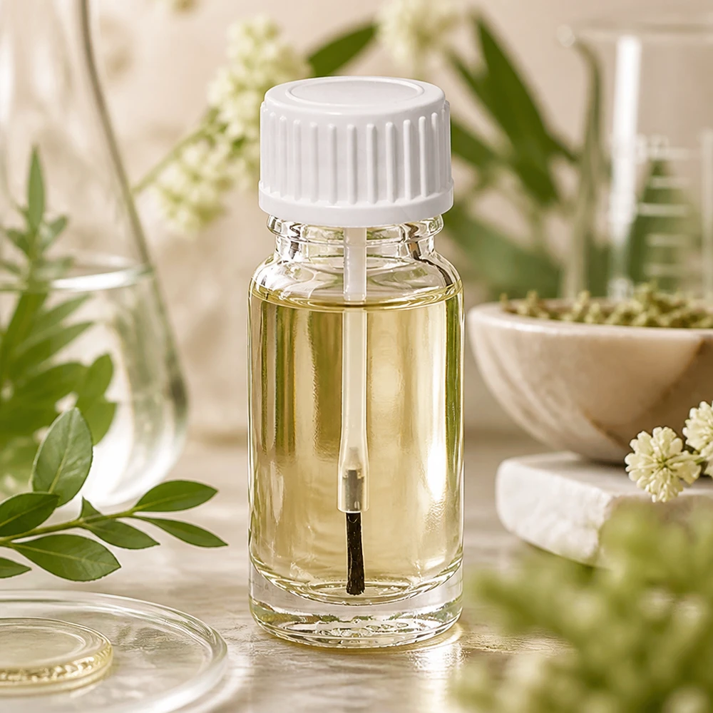 Penseelflesje 10 ml met witte dop en natuurlijke planten, helder glazen flesje UT18/10 voor etherische oliën
