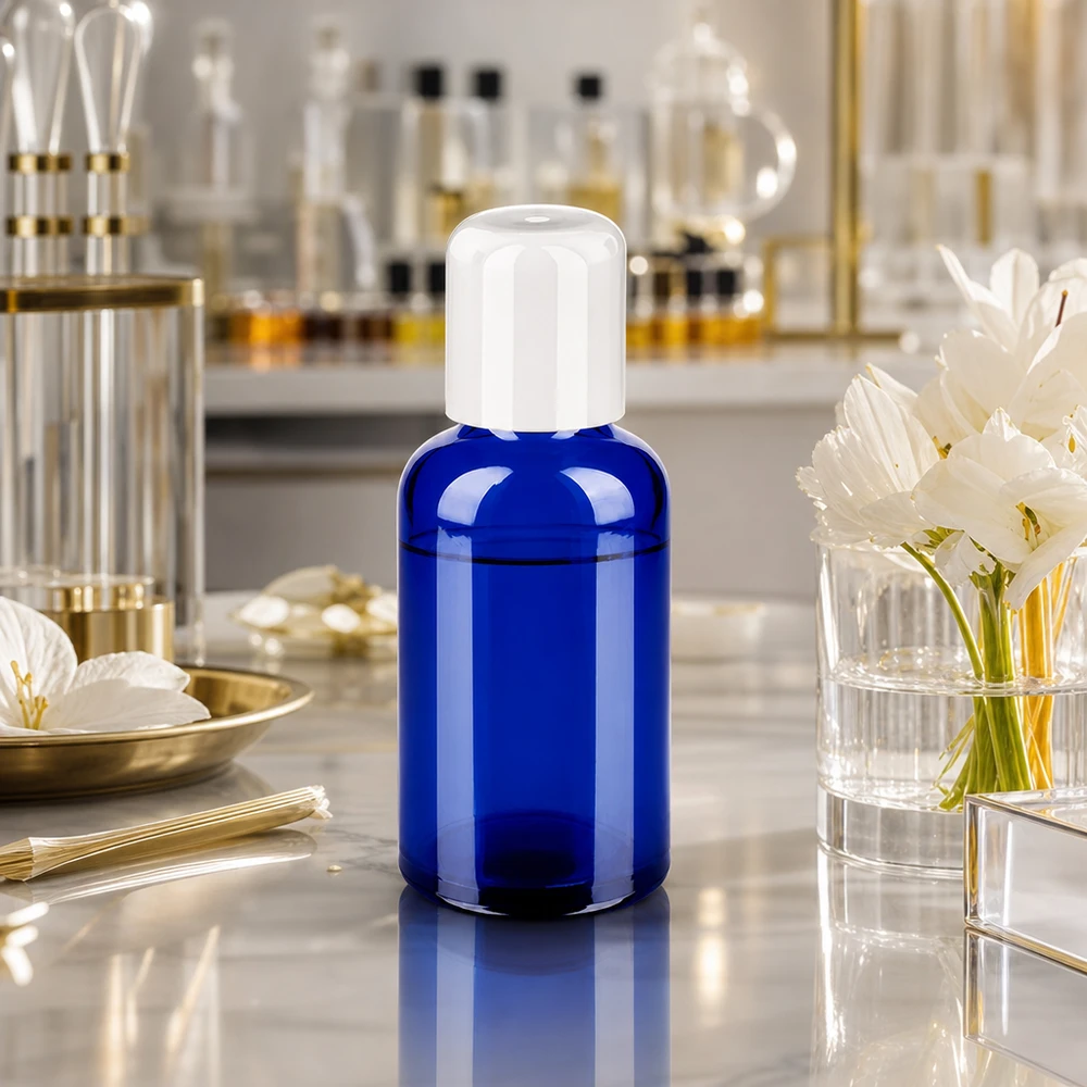 50ml rolfles wit STD BlueLine UT18/50 Oprolbare glazen fles 50ml STD UT18/50 in kobaltblauw beschermt lichtgevoelige essentiële oliën