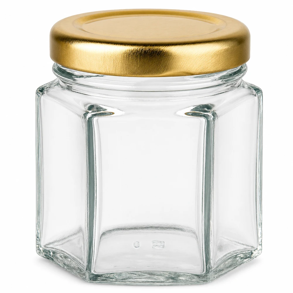 60g honingpot zeshoekig met gouden schroefdeksel BasicSeal UT transparant leeg voor honing en jam