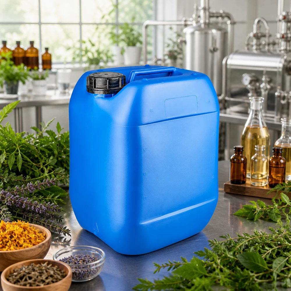 Canister 10 liter blauw met schroefdop OV Stapelbare blauwe jerrycan van 10 liter met veilige OV-schroefdop in een professionele distilleerinstallatie