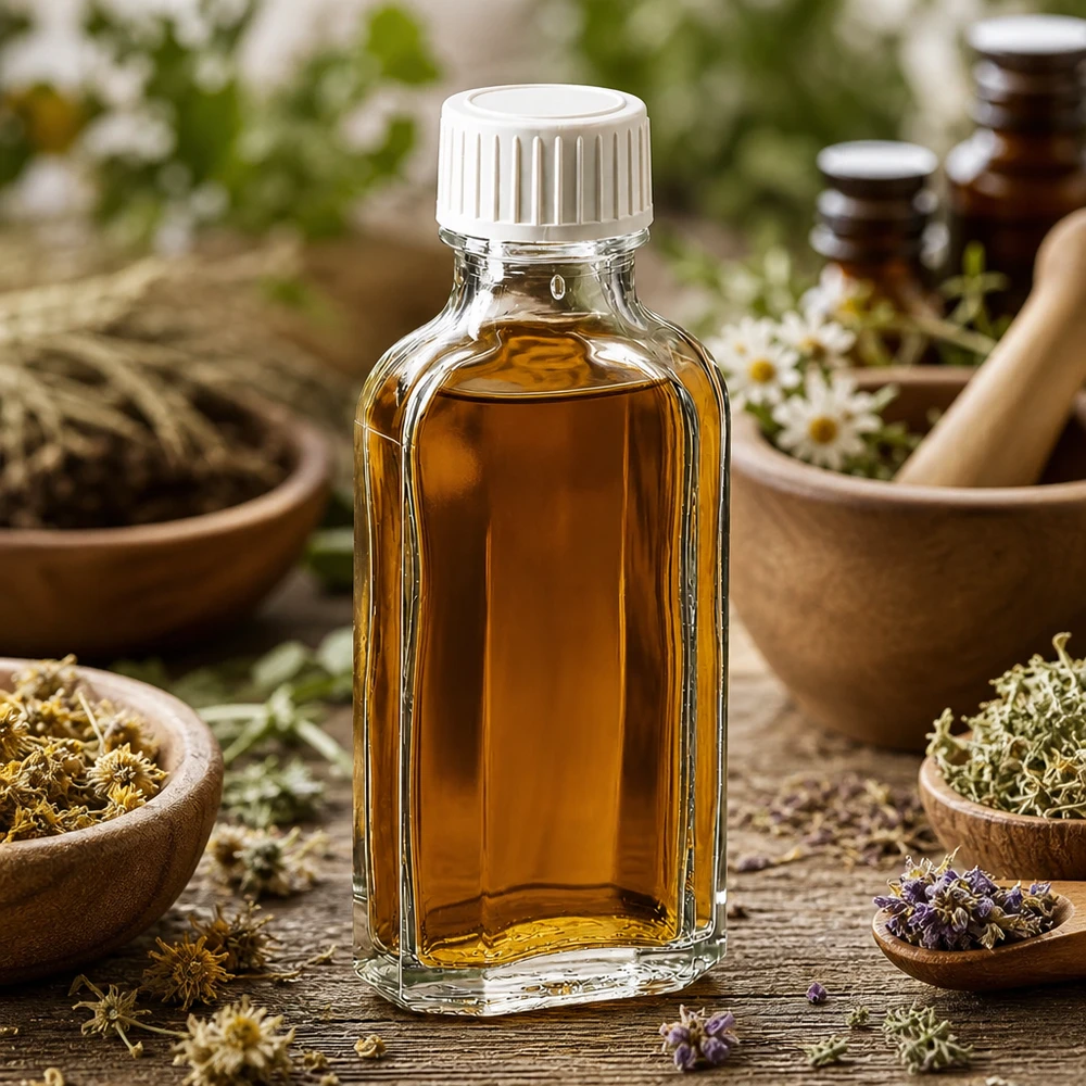 Glazen fles van 50 ml met kindveilige schroefdop en PE-inzetstuk voor natuurlijke producten