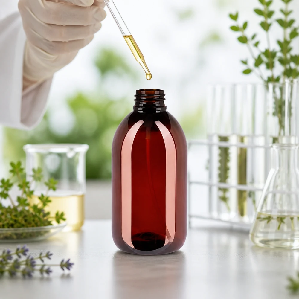 250 ml PET medicijnfles met verstuiver wit GCMI 28/410 incl. dop transparant, standaard Kompakte 250ml PET Flasche in Bernsteinoptik ideal für natürliche Öle und Extrakte