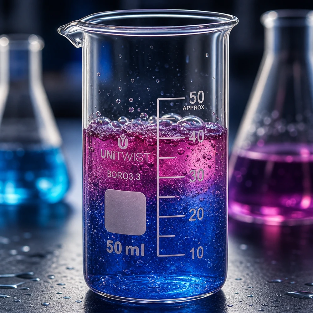 Graduatiebeker van 50 ml, hoog model met blauw-magenta kleurverloop en kookreactie