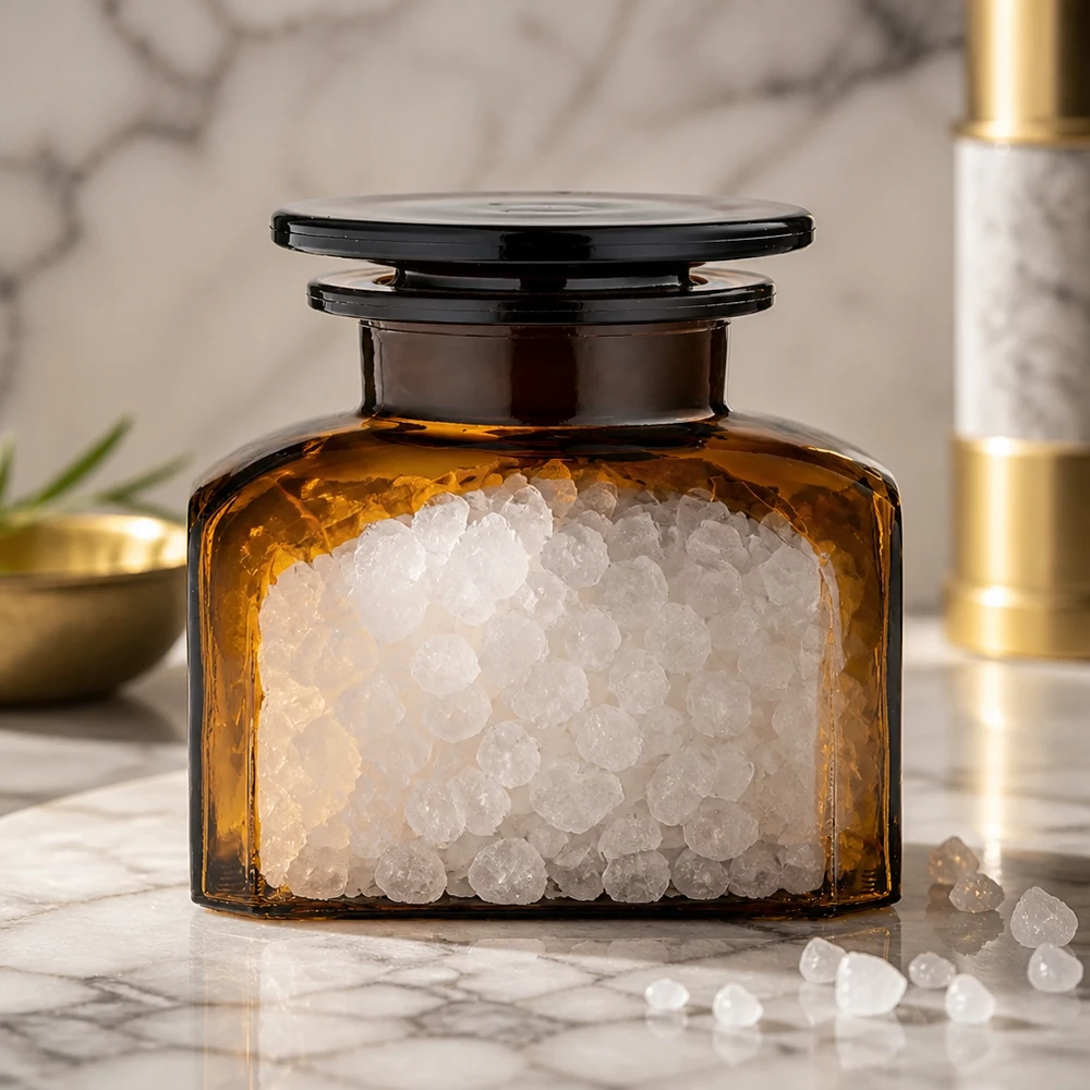 Idee voor een glazen kruidenpotje: Vierkante apothekersfles 150 ml met wijde hals bruin glas incl. glazen stop Rechthoekige apothekersfles van bruin glas, 150 ml, gevuld met zout en voorzien van een zwarte glazen deksel
