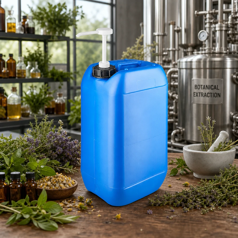 Canister 15 liter blauw met doseerpomp Draagbare blauwe voorraadjerrycan van 15 liter met witte pomp, naast een vijzel en gedroogde kruiden