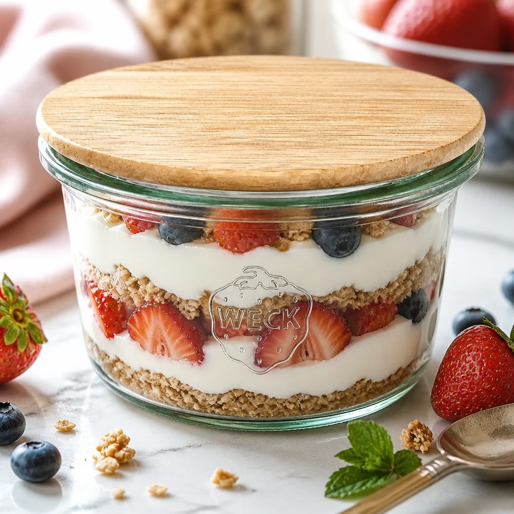 WECK-mini stortglas 50ml met hout deksel WECK mini tumblers 50ml als dessertschaal met yoghurt-bessen gelaagd dessert en bamboe deksel op een witte marmeren tafel