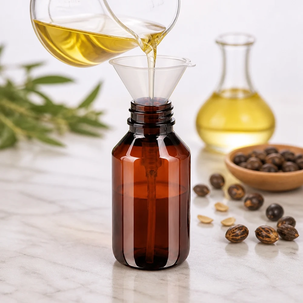 50 ml PET medicijnfles met wit dispenserpomp, standaard Professionelle Ölabfüllung in 50ml PET Flasche bernsteinfarben mit weisser Pumpe