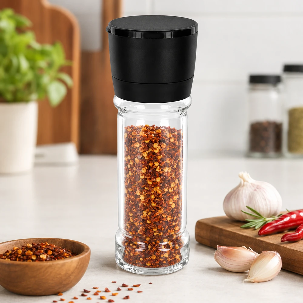 Zout-/kruidenpotje 100 ml met molen Vario zwart Doorzichtig kruidenpotje van 100 ml met zwarte kunststof deksel en ingebouwde Vario-molen