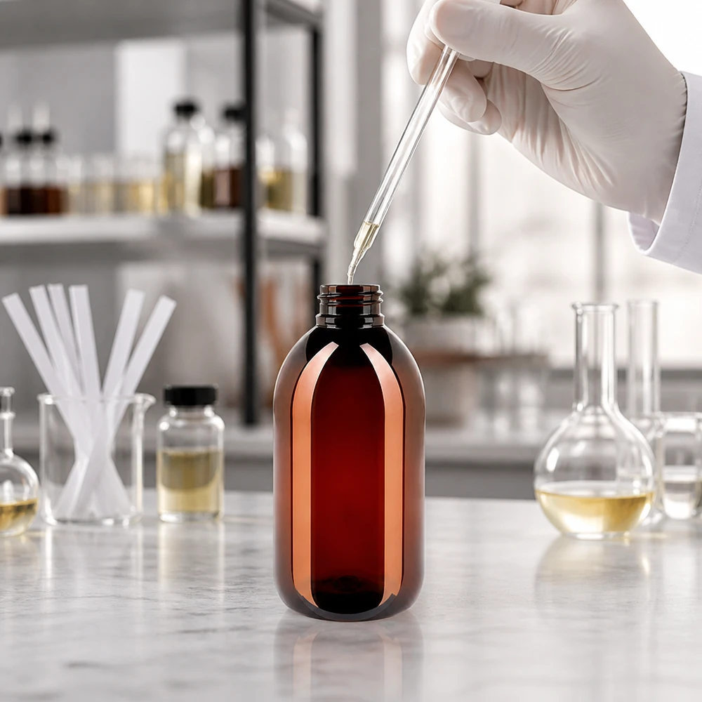 PET fles 250ml met ontgassingsdop rood Handbescherming bij het vullen van een bruine PET-fles van 250 ml met een rode ontgassingsdop in het laboratorium