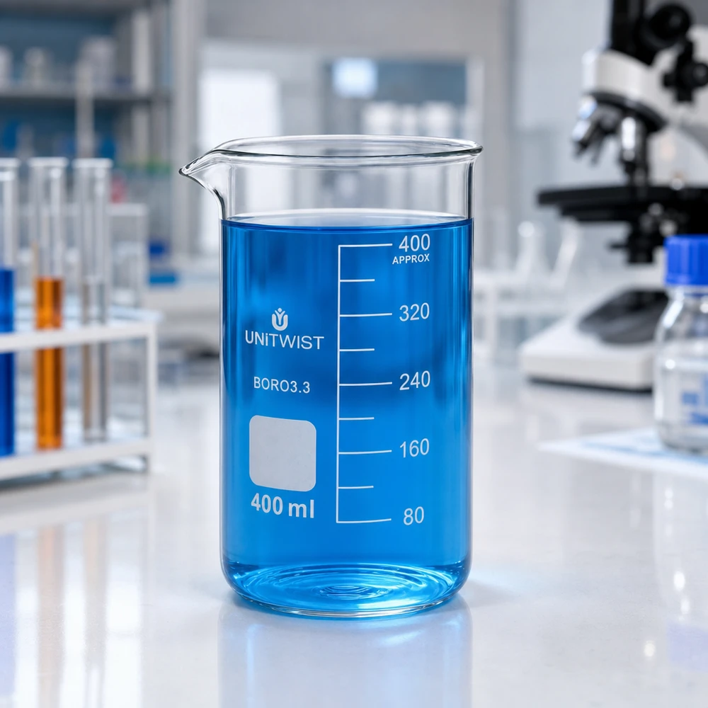 Borosilicaat bekerglas 400 ml UNITWIST, hoog model met ruimte voor etiketten en schaalverdeling tot 400 ml