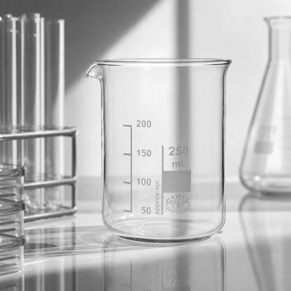 Precieze maatbeker van 250 ml van transparant borosilicaatglas voor exacte volumemeting