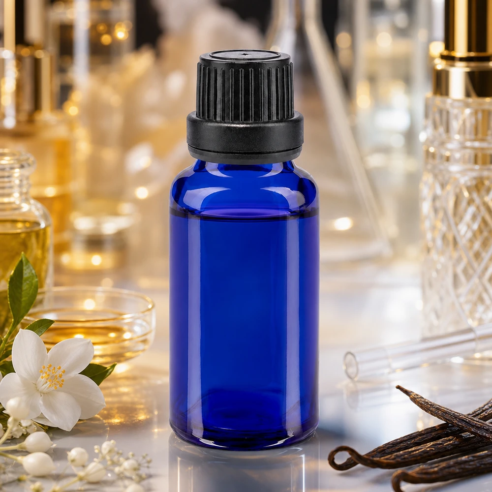Blauw apothekersflesje van 20 ml met kindveilige sluiting van 11 mm voor cosmetica en farmaceutische producten