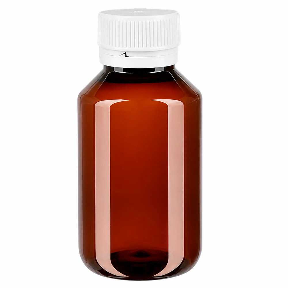 Ronde PET-fles van 50 ml, amberkleurig, met UV-bescherming en een witte, geribbelde originele dop